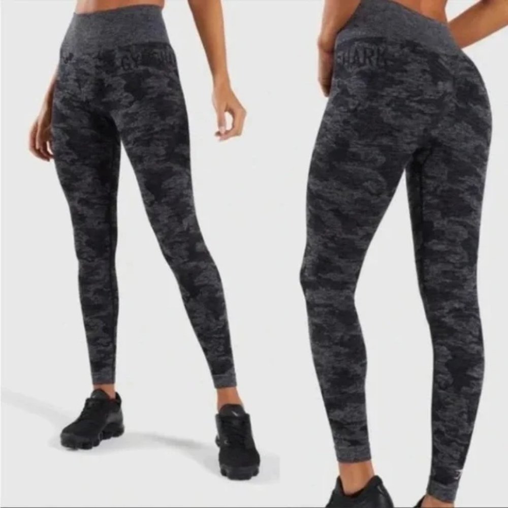 GYMSHARK CAMO SEAMLESS LEGGINGS BLACK GRAY Sz M